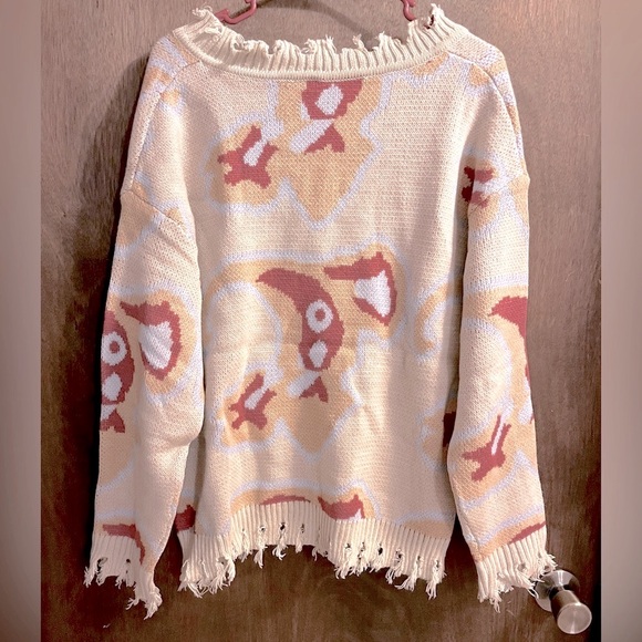 Hippie Style Fringe Raw Cut Trim Woolblend Deep V Neck Loose Long Sleeve Sweater - Picture 5 of 10